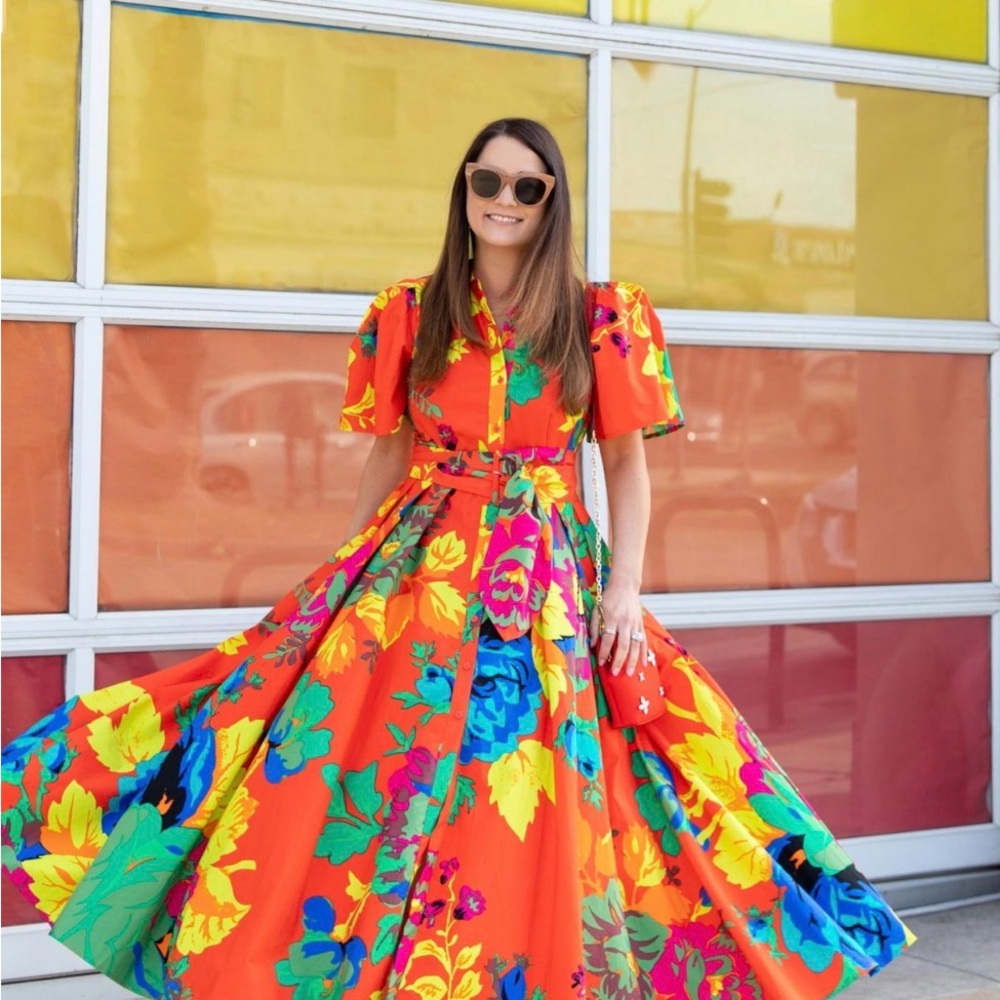 Floral Coral Maxi Shirt Dress with Belt - Picture 10 of 16